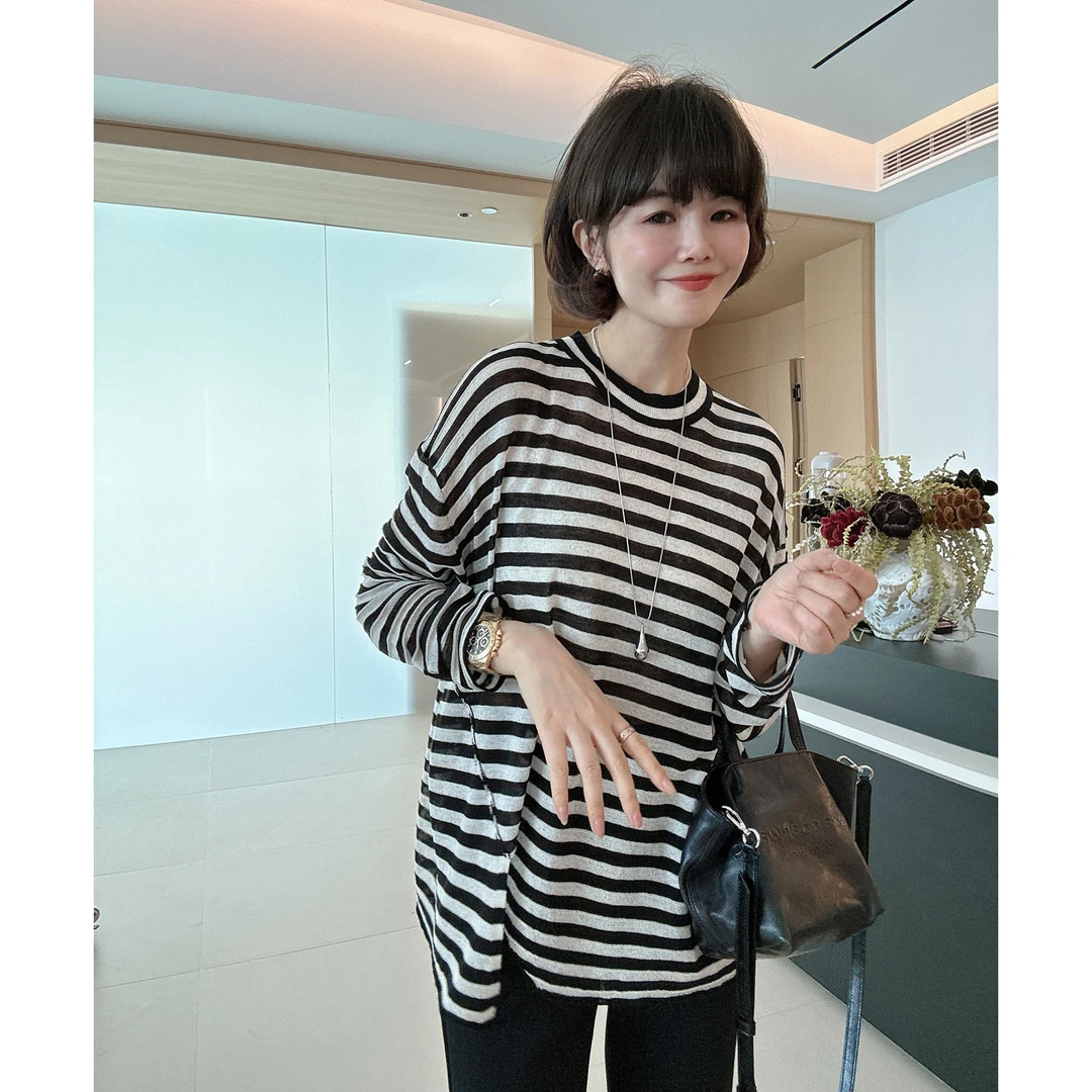 春夏圆领下摆不规则开叉薄款落肩针织衫防嗮罩衫