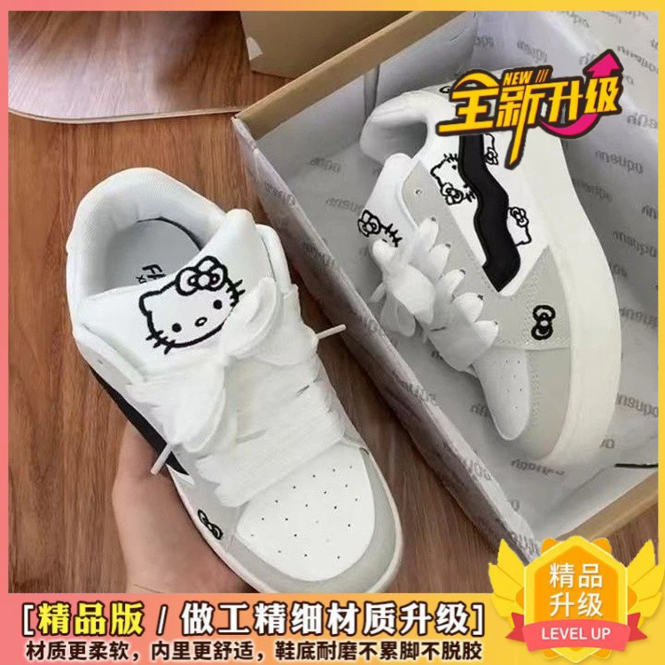 小众不撞款可爱刺绣Kitty猫拼色面包鞋女休闲百搭厚底学生板鞋女