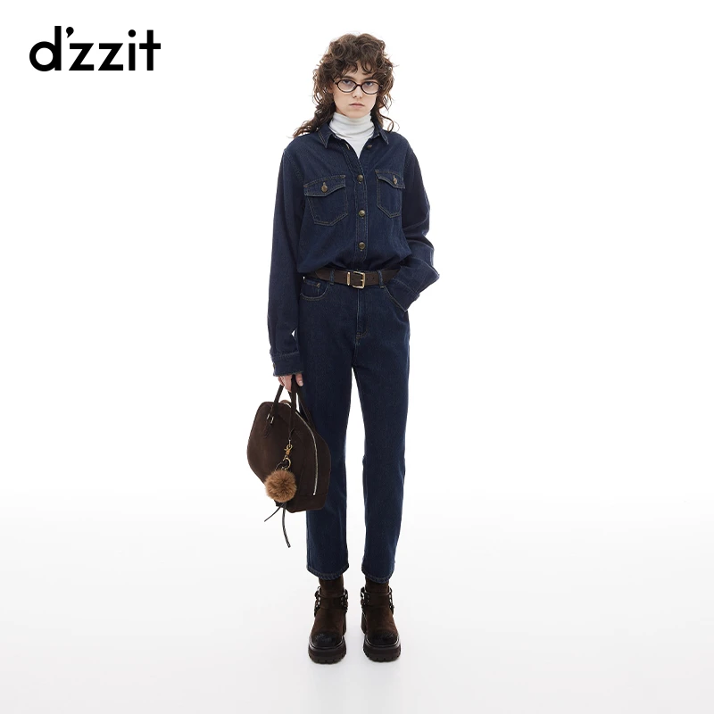 677【陈嘉尔专属】dzzit地素长袖衬衫冬季复古深蓝色水洗牛仔上衣女