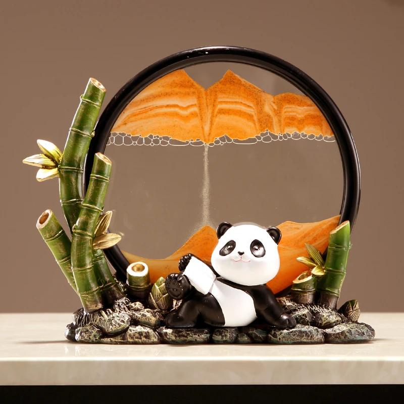 新中式卡通熊猫流沙画摆件客厅玄关书房电视柜装饰品乔迁生日礼物