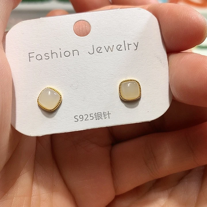 银S925镶嵌和田玉（白玉）耳饰