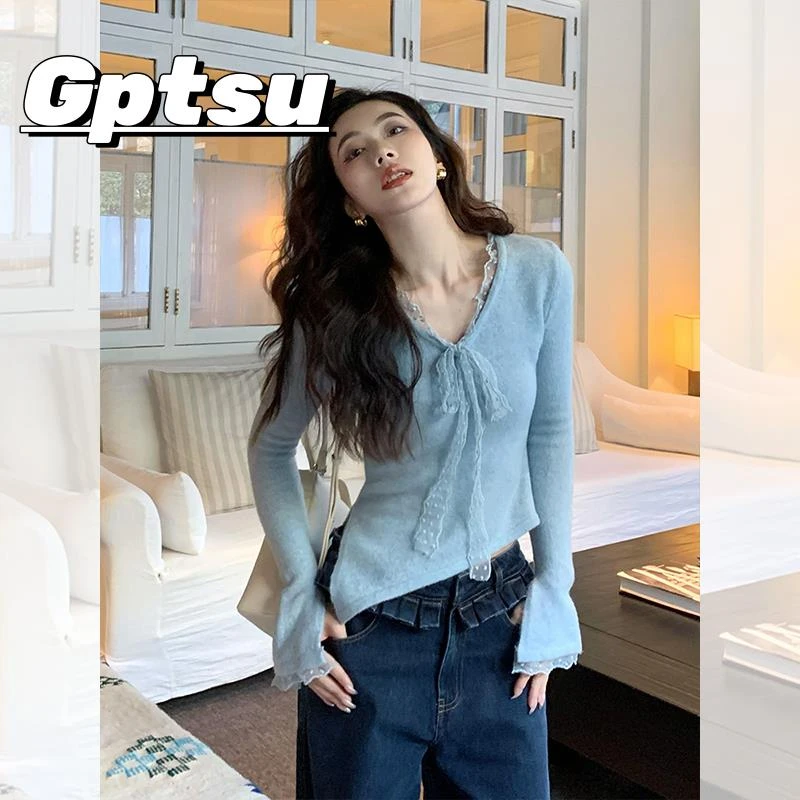 GPTSu法式内搭蓝色蕾丝领系带长袖针织衫女春季不规则打底衫上衣