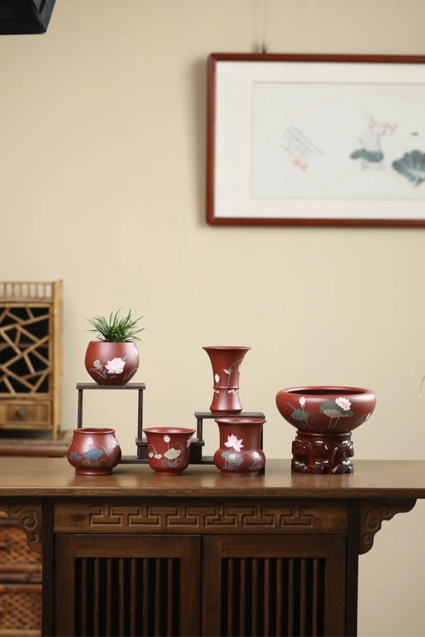 宜兴大红袍迷你花瓶紫砂精品桌面小兰花盆无孔多肉泥绘圆口形水培