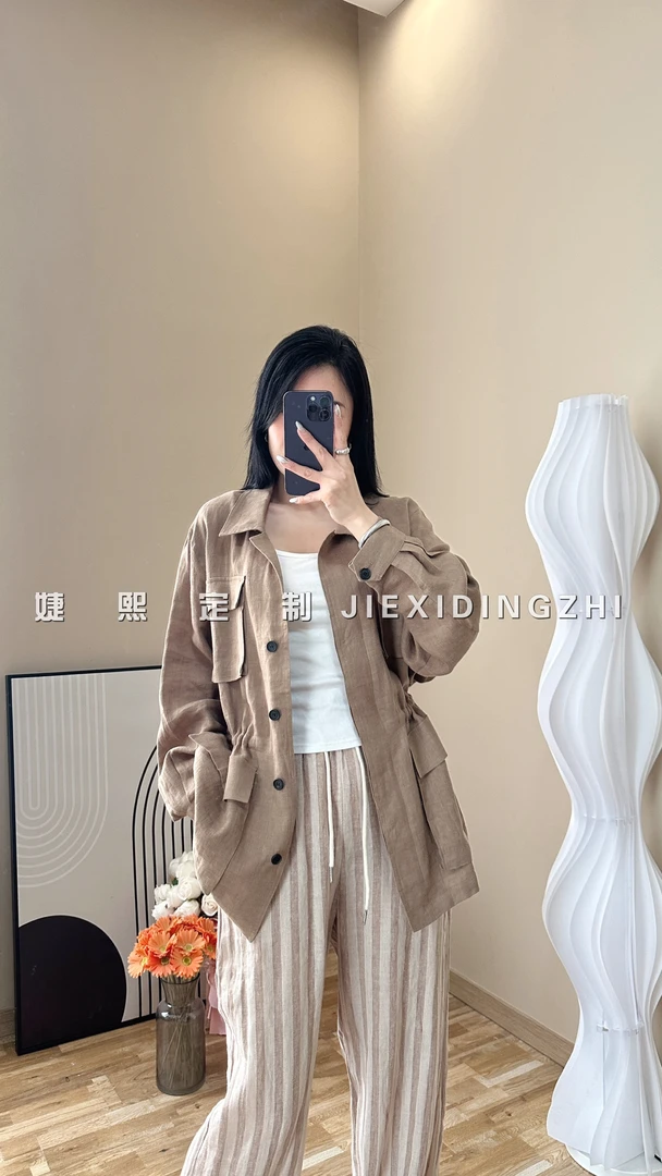 【婕熙定制】卡其色 口袋翻领亚麻外套