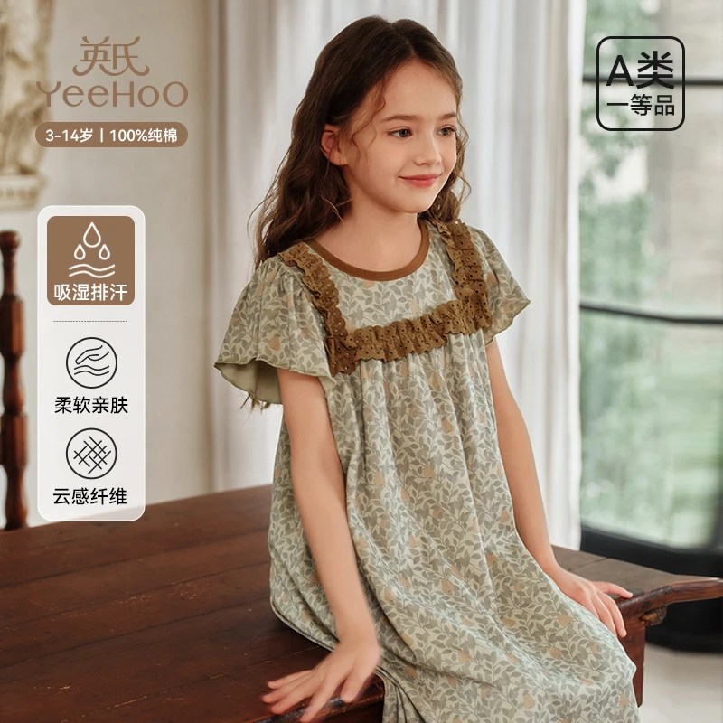 英氏女童连衣裙儿童纯棉公主风短袖长裙小女孩裙子2025年春夏新款