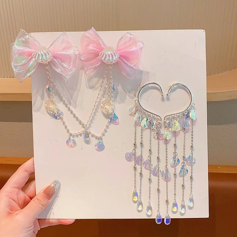 儿童蝴蝶结额头链额饰人鱼姬珍珠流苏发夹女童美人鱼耳挂发圈头绳