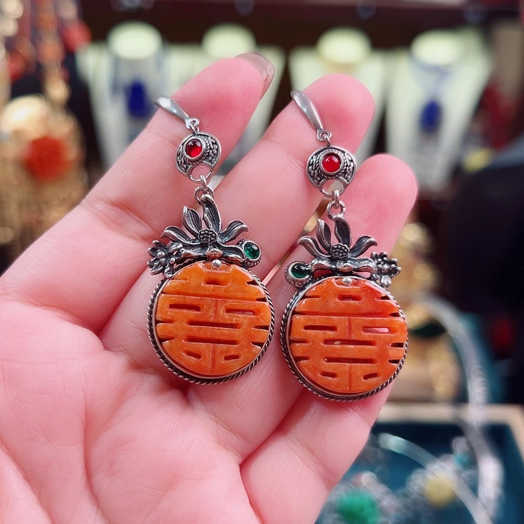 珐琅925银复古设计耳环