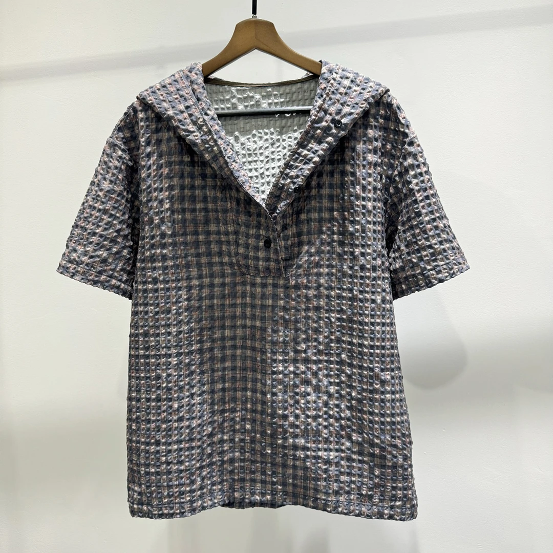 小众个性时尚百搭男士连帽短袖T恤潮流INS复古美式格子体恤上衣