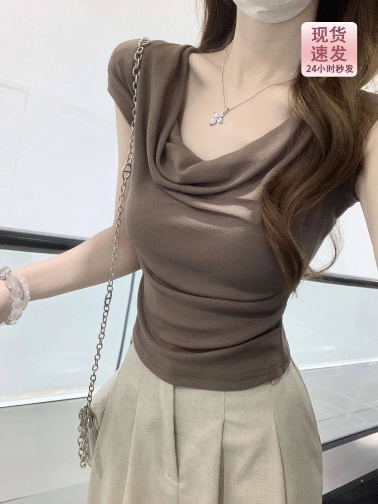 纯欲miu系荡领露肩短袖T恤女夏季2025修身褶皱掐腰小个子辣妹上衣