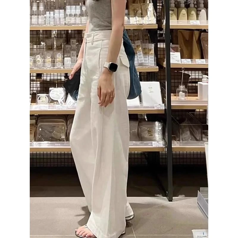 白色时尚阔腿裤女2025夏季薄款垂感直筒休闲裤宽松显瘦高腰拖地裤
