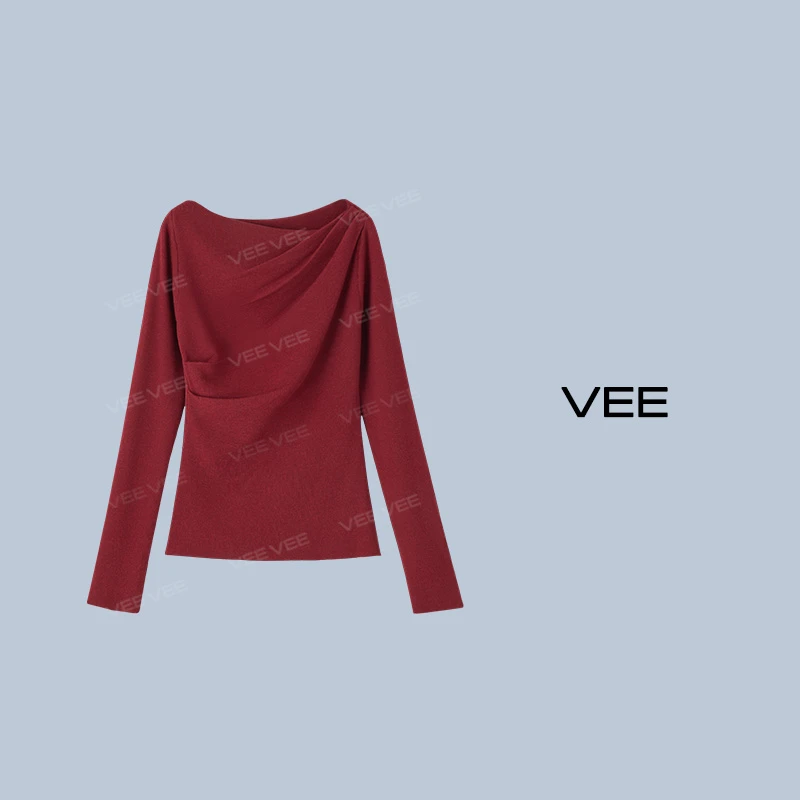 VEE【约会宝典】新款时尚百搭设计感显瘦优雅不规则短款长袖针织衫