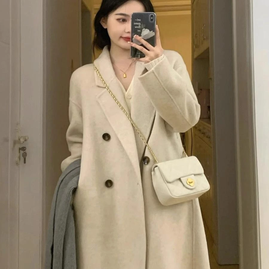 燕麦色双面大衣女中长款小个子2025年新款初冬季高级感毛呢外套