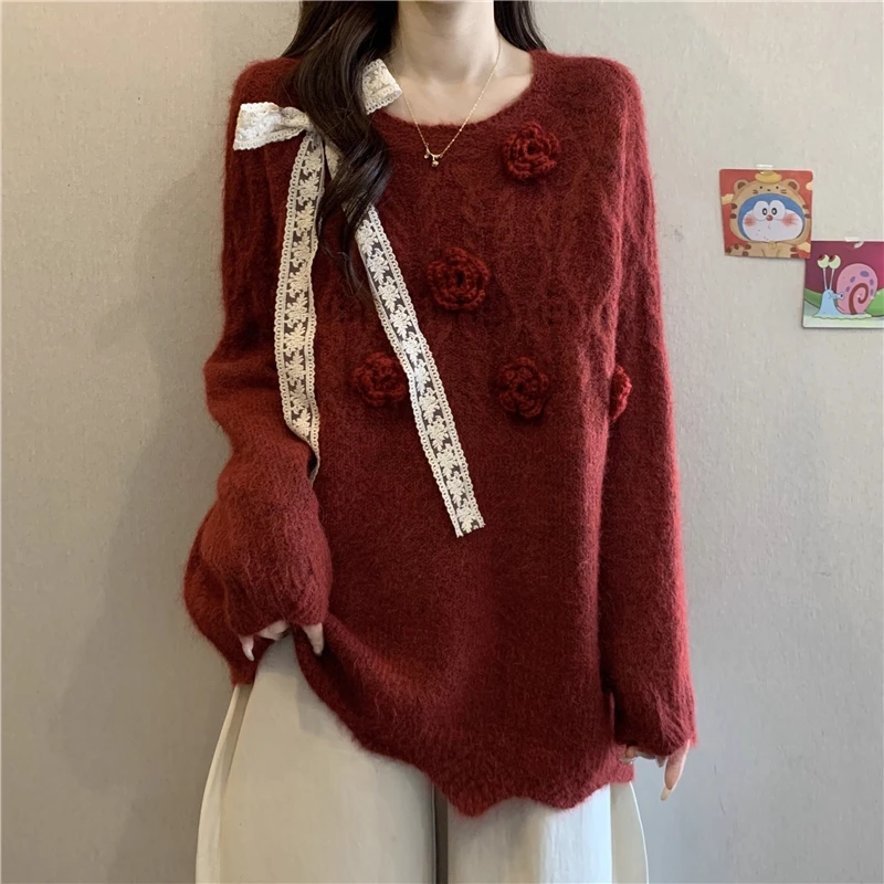 韩系蕾丝系带花朵设计感毛衣女2025秋冬新款慵懒风超好看针织上衣