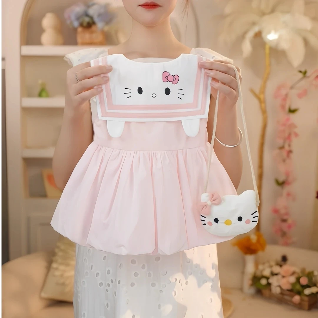 2025年夏季新款女小童可爱粉色猫咪海军领公主花苞裙女童连衣裙