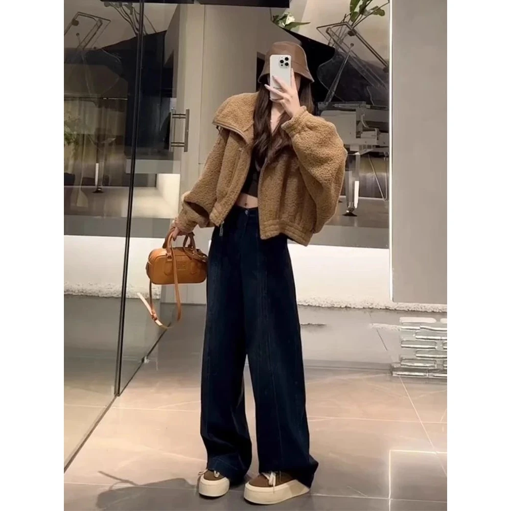 奥莱撤柜慵懒风洋气女装独特超好看韩系咖色羊羔毛外套女