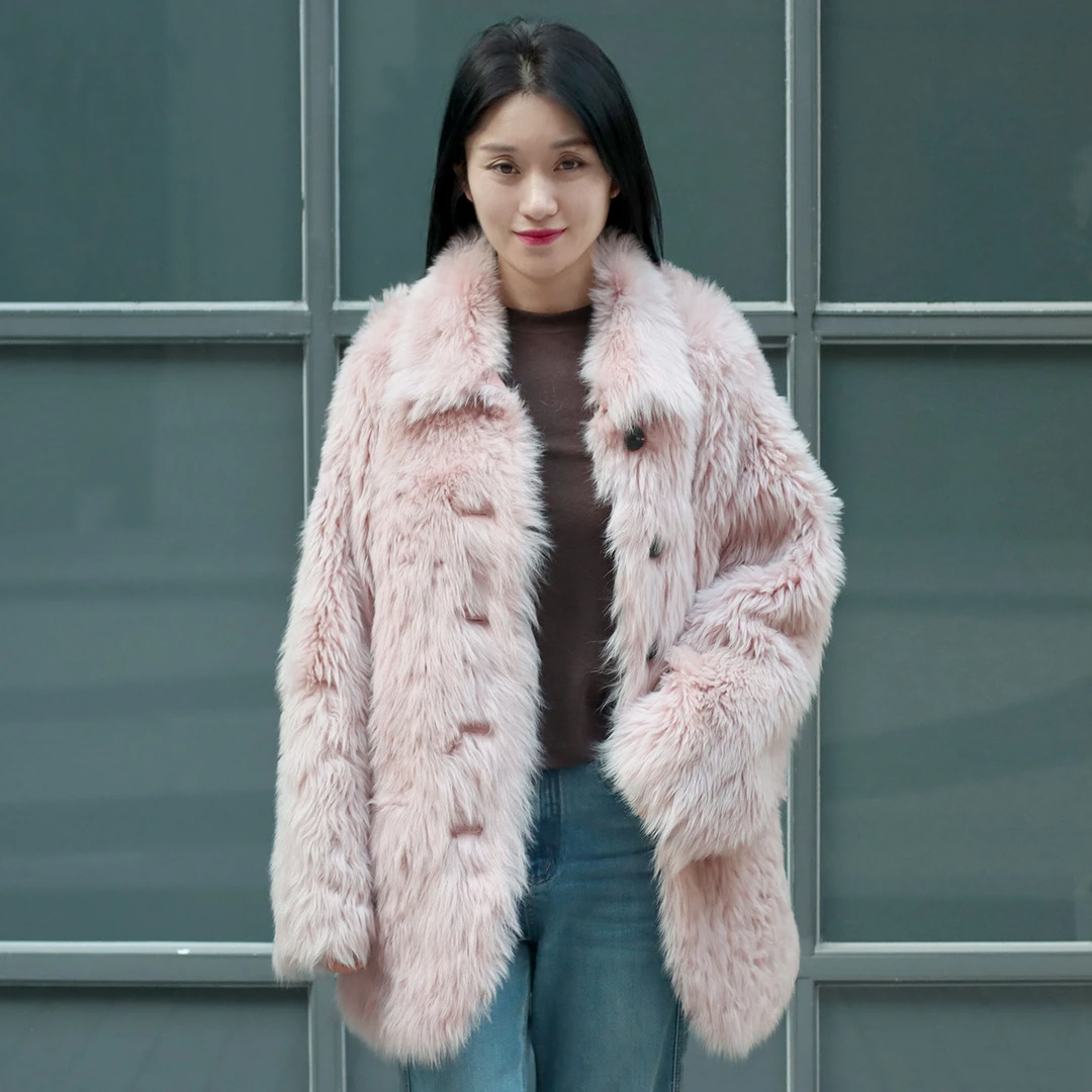 初晓2024年冬季新款女士皮毛一体外套两面穿 粉色铜咖 休闲 31797