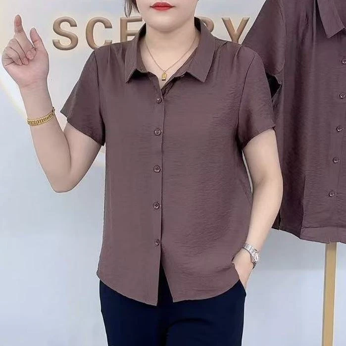 2025新款翻领薄款时尚短袖夏季衬衫宽松女装纯色中年妈妈装上衣潮
