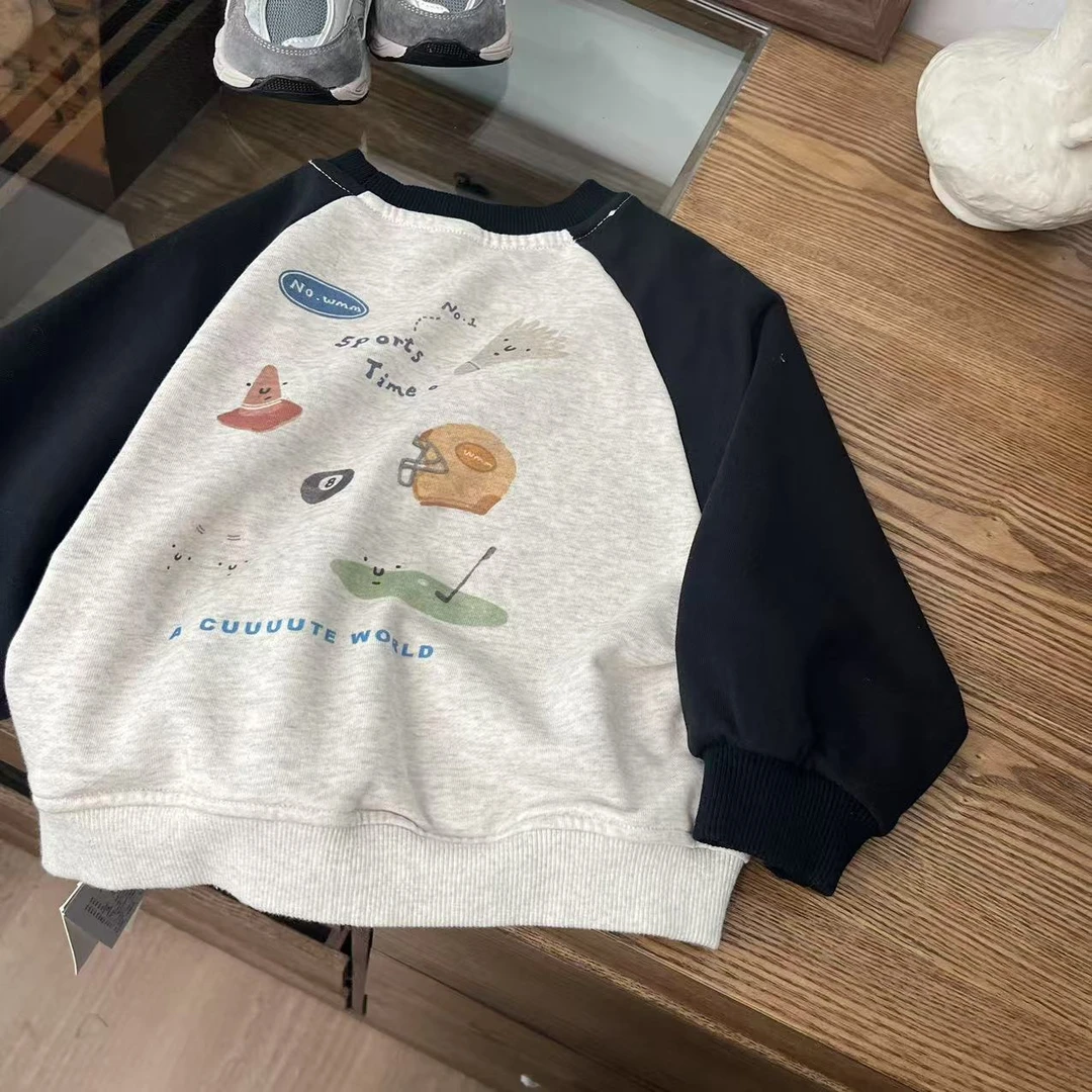 萌趣可爱韩版卡通印花男女童圆领套头拼接色休闲卫衣