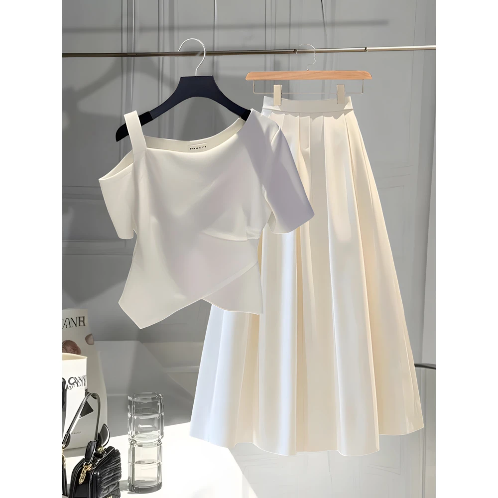 2025夏季爆款韩系白色露肩短袖t恤小个子气质百褶半身裙时尚套装