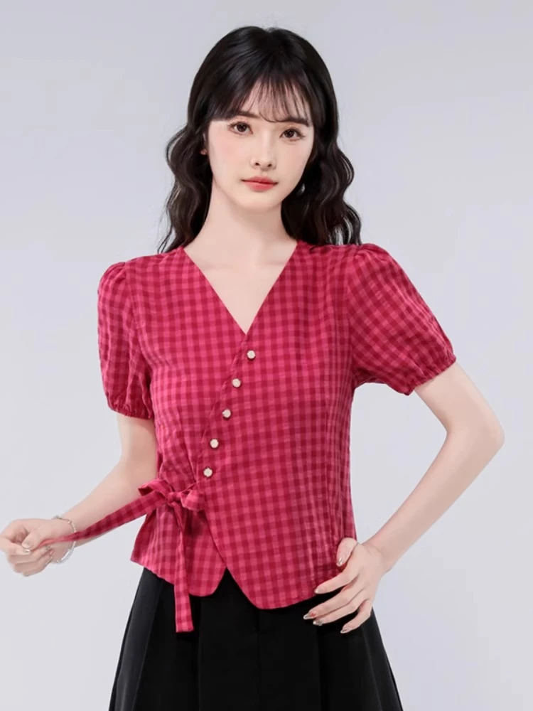 多巴胺玫火龙果色格子短袖衬衫女2025新款夏日正肩v领小衫短上衣