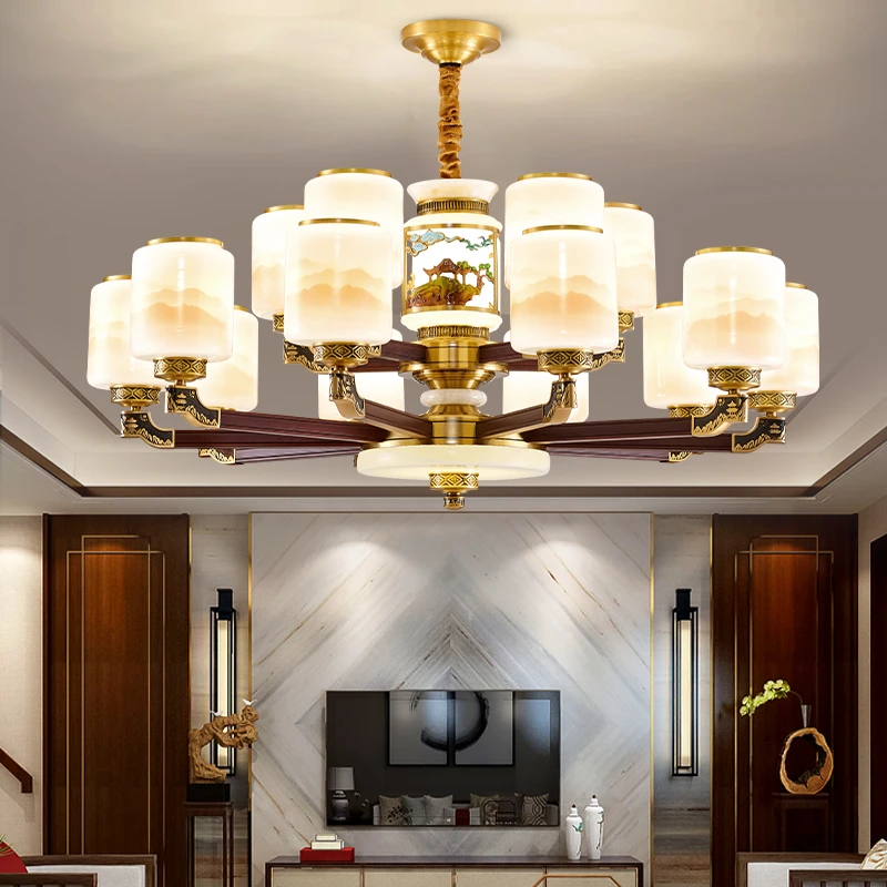 新中式全铜胡桃木复式楼大吊灯中国风玉石灯楼中楼灯具酒店客厅