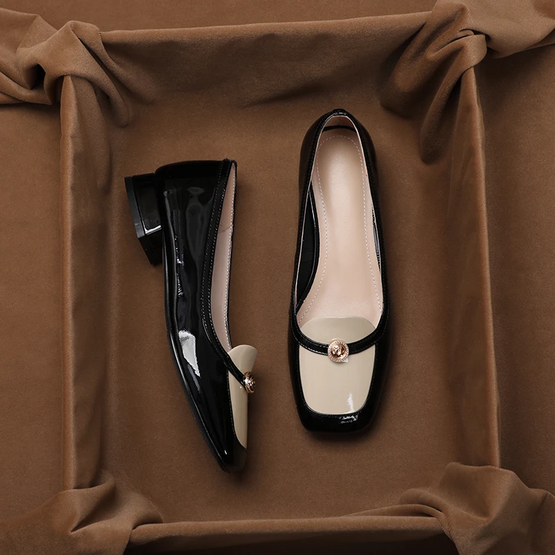 断码清仓牛皮法式优雅复古方头真皮单鞋女新款时尚拼色浅口粗跟鞋