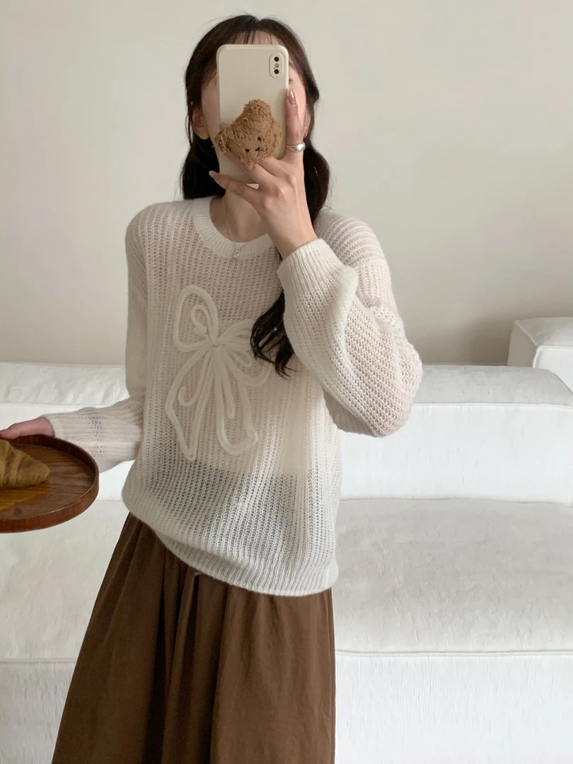 【潘潘.6603】2025年春夏新款超幼马海毛纯色蝴蝶结圆领针织衫