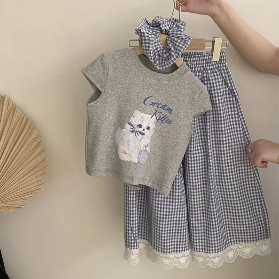 女童夏装T恤阔腿裤两件套2025新款中小童格子裤上衣韩版运动套装