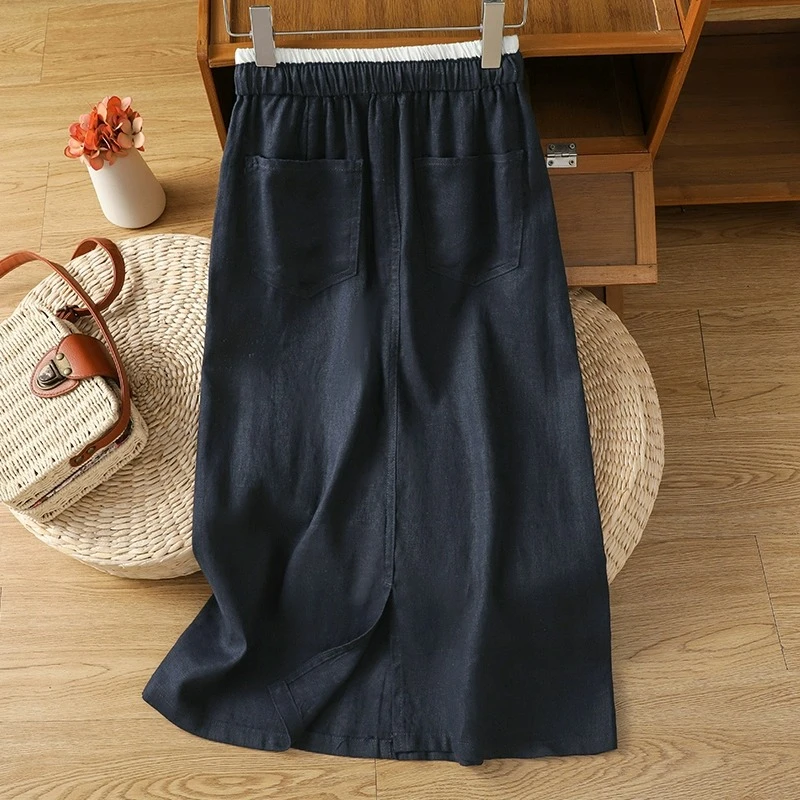 藏青色亚麻气质a字半身裙女夏季薄款中长款棉麻开叉裙直筒包臀裙