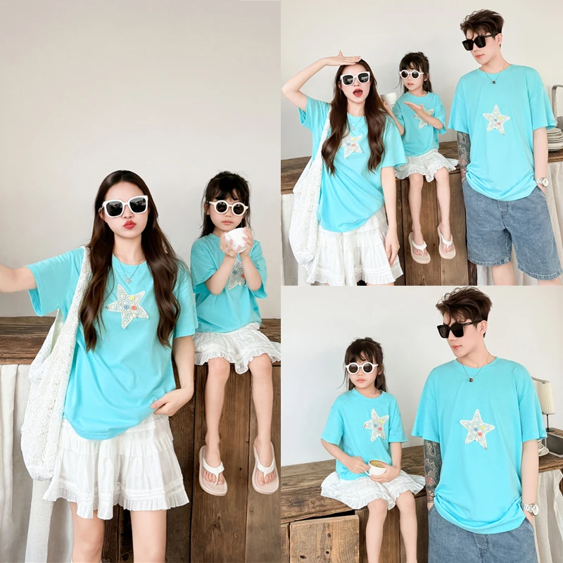 2025夏装新款亲子装一家三口短袖T恤儿童婴童爬服连体衣8927夏季