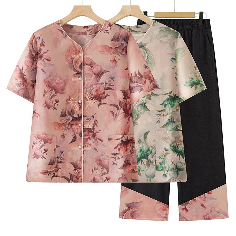 中老年人夏装女奶奶装夏季短袖套装老太太T恤妈妈衣服两件套新款