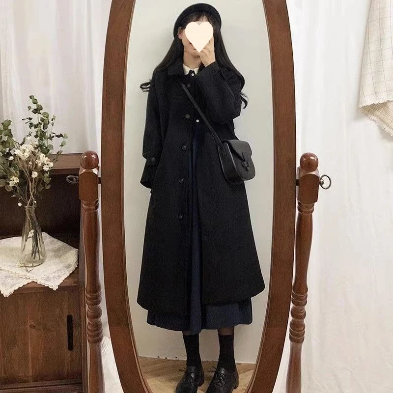 毛呢外套女小个子2024年新款秋冬季韩系感赫本风黑色呢子大衣