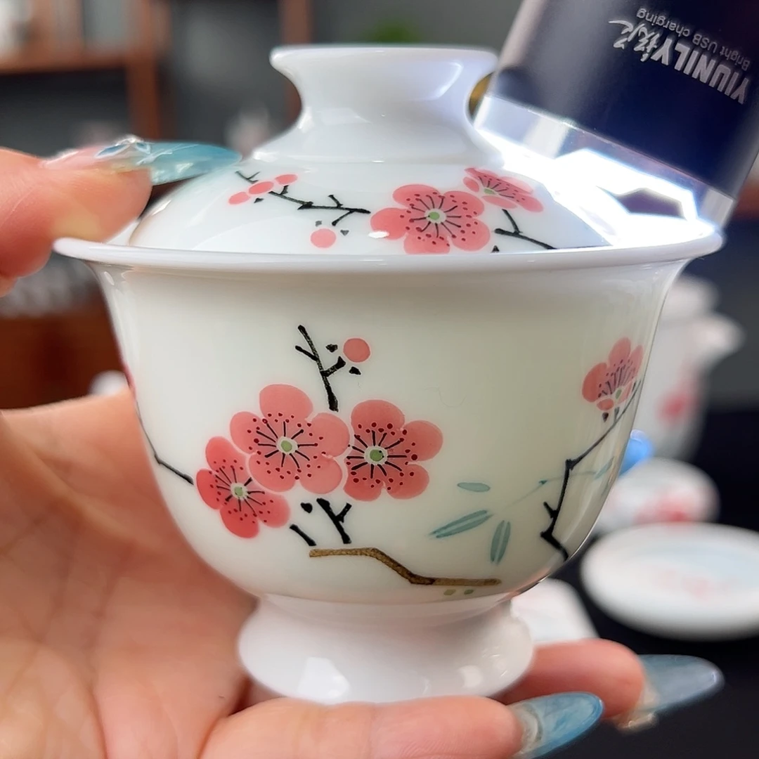 玉泥翠竹红梅盖碗