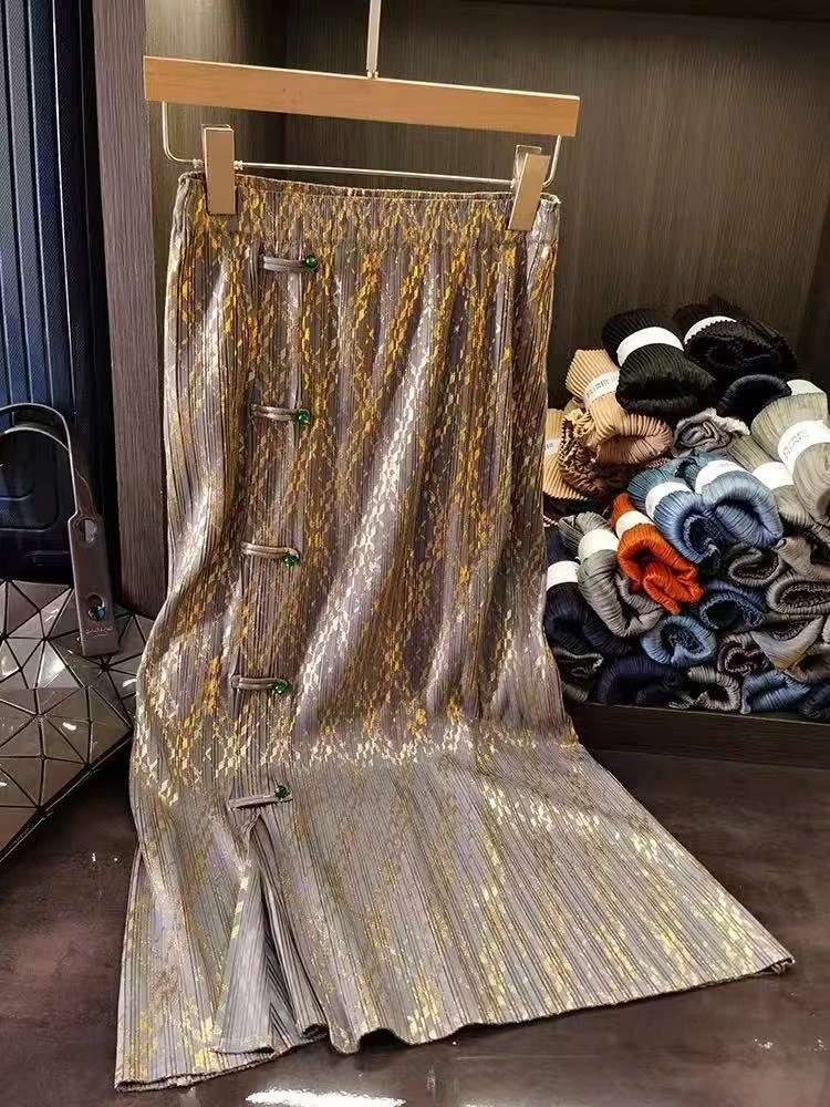 经典流光金五盘扣褶皱KK半裙