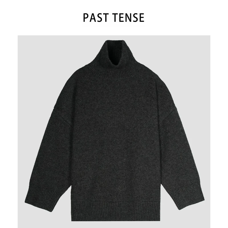 牦牛绒翻领黑色套头女毛衣时尚半高领针织百搭打底衫高领落肩袖