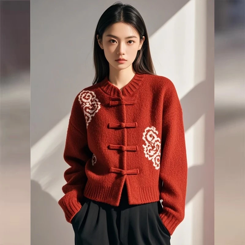 新中式国风红色毛衣外套女装秋冬2024新款本命年短款针织开衫上衣
