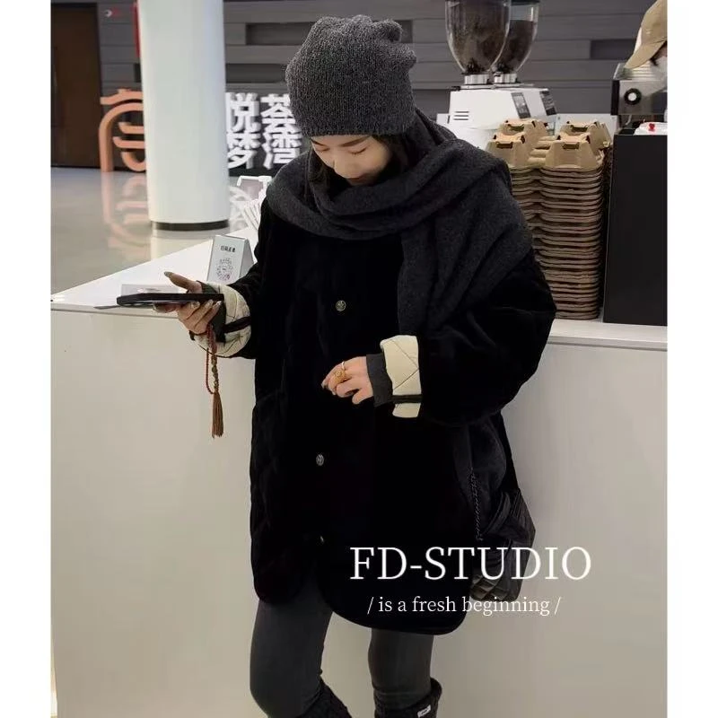 【梵町定制】FD50025冬季新款菱格大绒棉服外套宽松加厚休闲