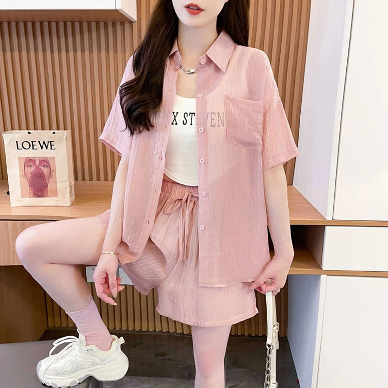 速干防晒休闲运动套装女2025新款夏季短袖衬衫短裤宽松大码两件套