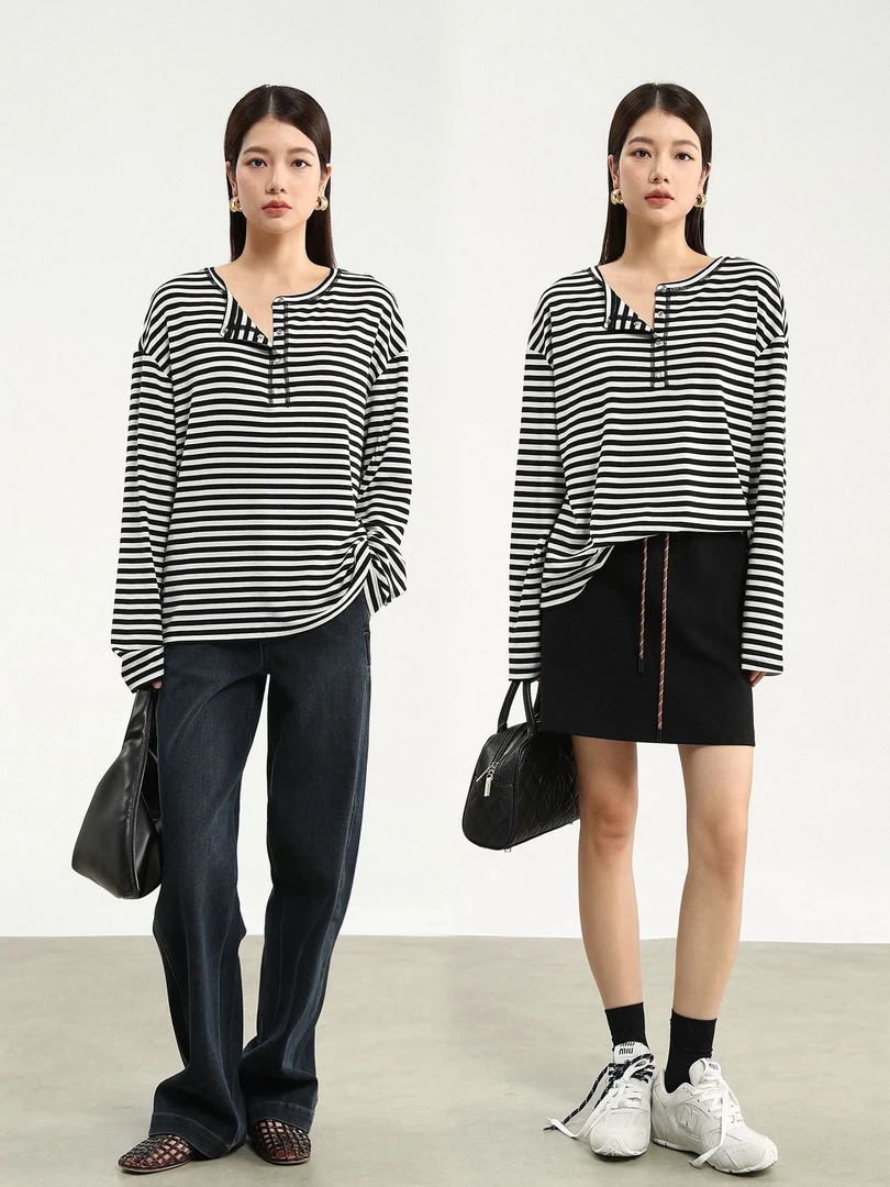 云感舒适宽松一字领条纹长袖t恤打底衫女
