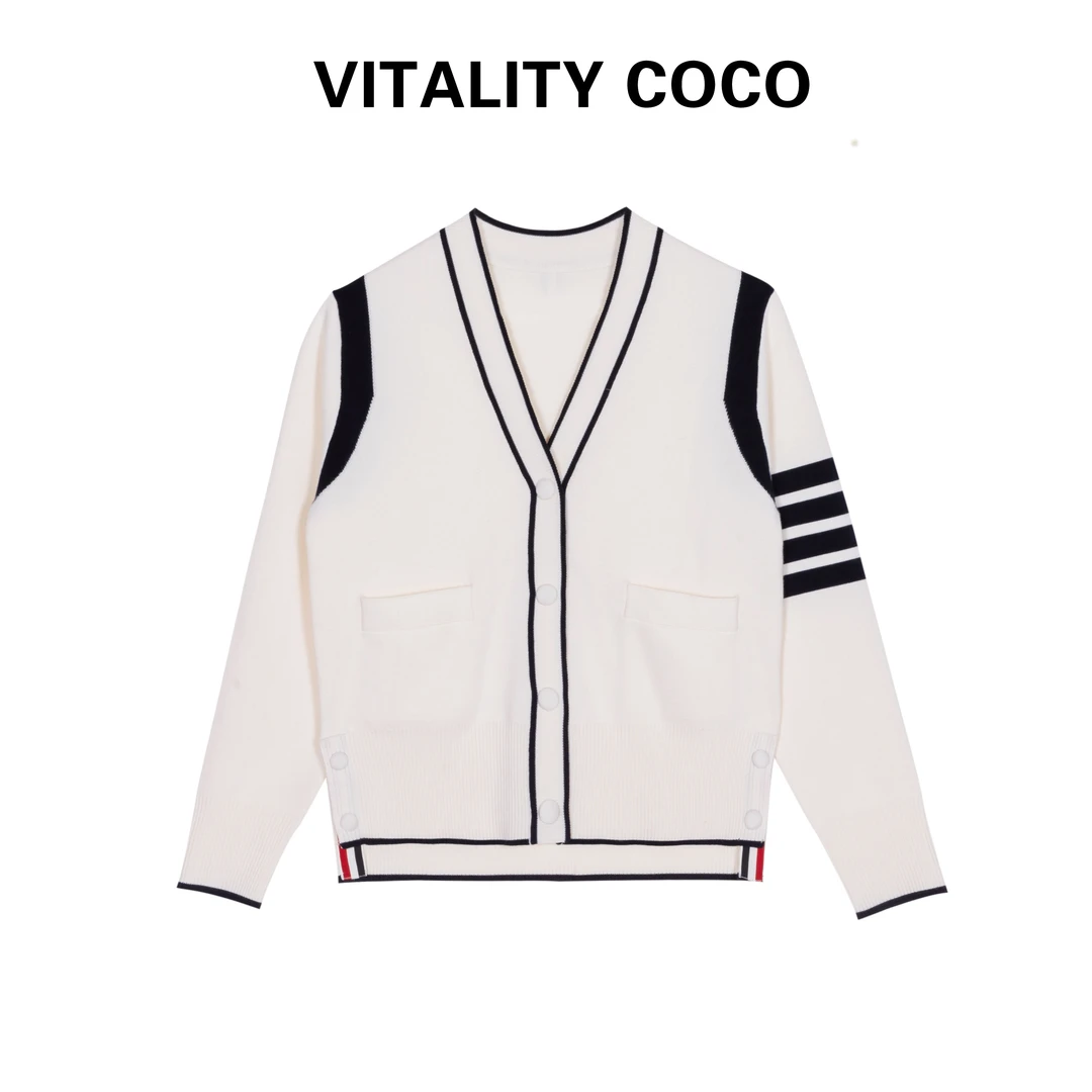 「VITALITYCOCO」学院风撞色包边V领摁扣针织开衫女秋冬-1052