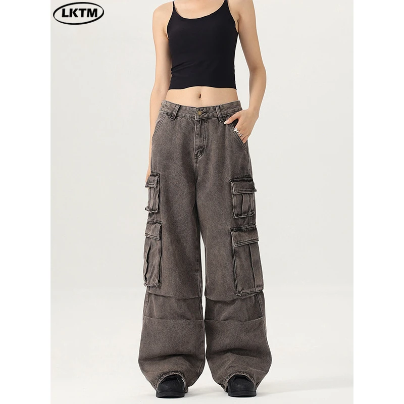LKTM男装#美式复古重磅水洗多口袋工装牛仔裤潮牌vintage直筒长裤
