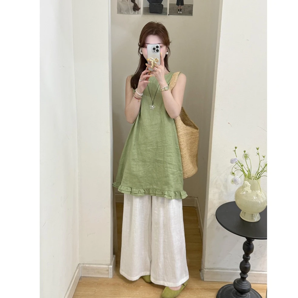 2025新款法式独特简约气质绿色木耳边无袖上衣白色阔腿裤套装女