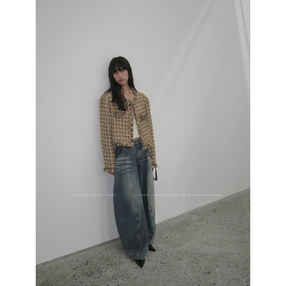 JCCC影子【金属乐】黄咖色粗花呢金属链短款小香风外套JE5DSW10