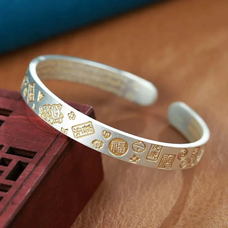 足银手镯 44号链接 招财猫描金吉言平安喜乐足银镯子送女友老婆