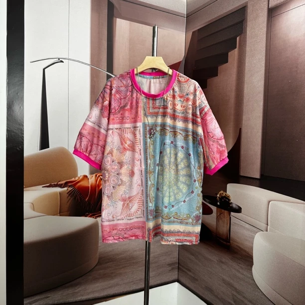 波西亚休闲大码女装短袖t恤女夏2025新款宽松中长款遮屁股上衣T恤