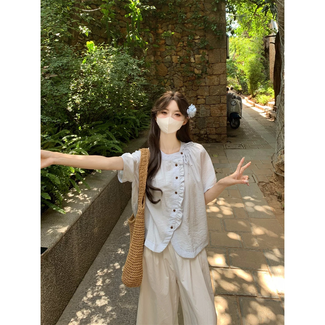 韩系不规则木耳边系带短袖衬衫女2025夏季新款宽松设计感小众上衣