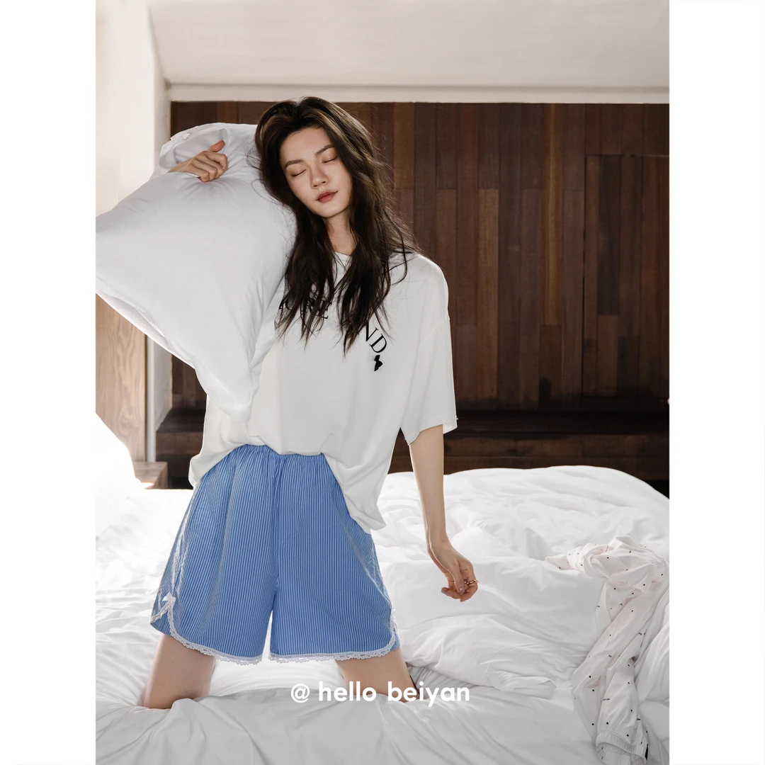 贝妍薄款睡衣女夏季凉感莫代尔棉短袖短裤家居服宽松大码少女套装