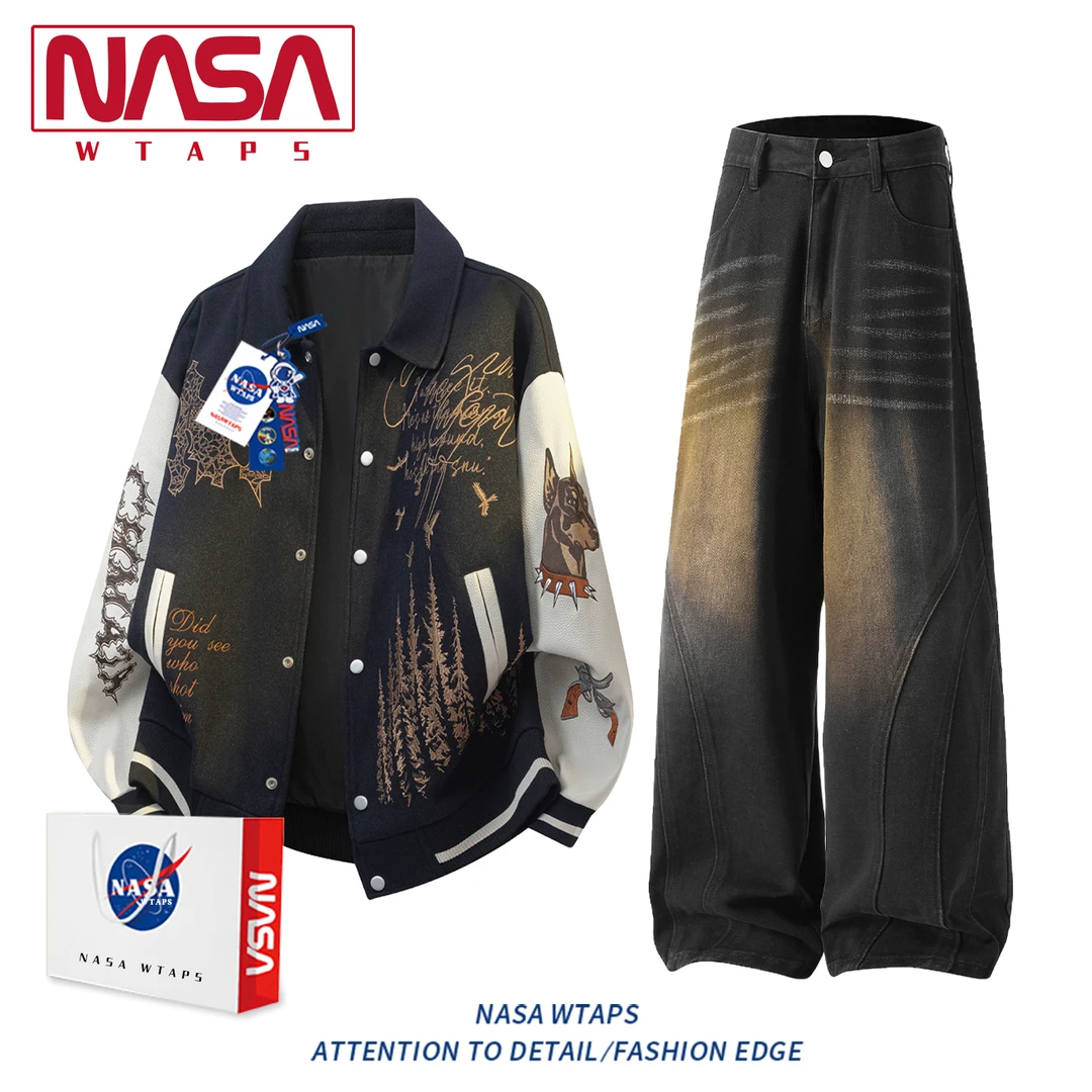 NASA WTAPS美式高级重工刺绣翻领夹克套装男款春秋季美式休闲套装