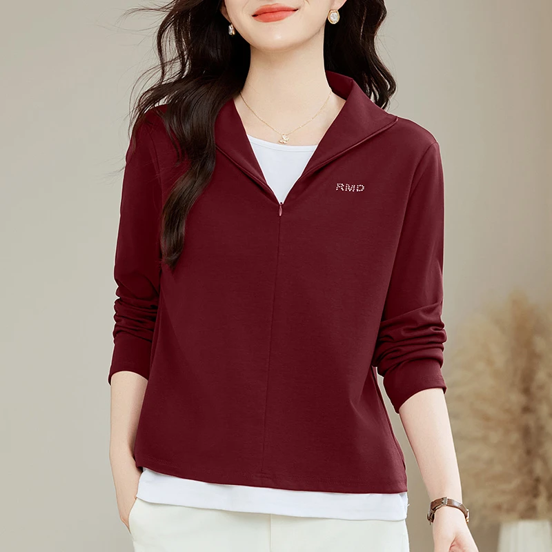 立领半拉链假两件长袖t恤打底衫女2025春季新款今年流行爆款上衣