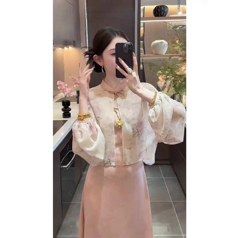 新中式国风粉色印花防晒衬衫吊带连衣裙2025超火夏季两件套635
